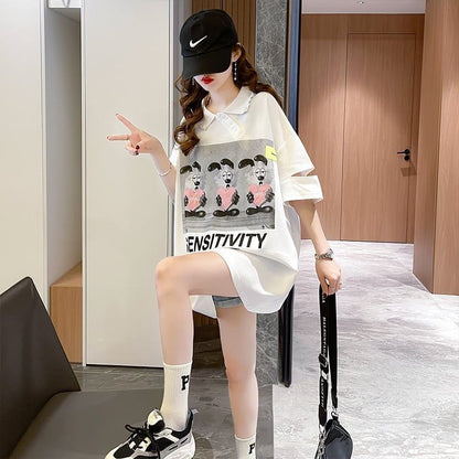 夏新作 アルファベットプリント POLOネック ロング Tシャツ ゆったりワンピース ＜F-3038＞