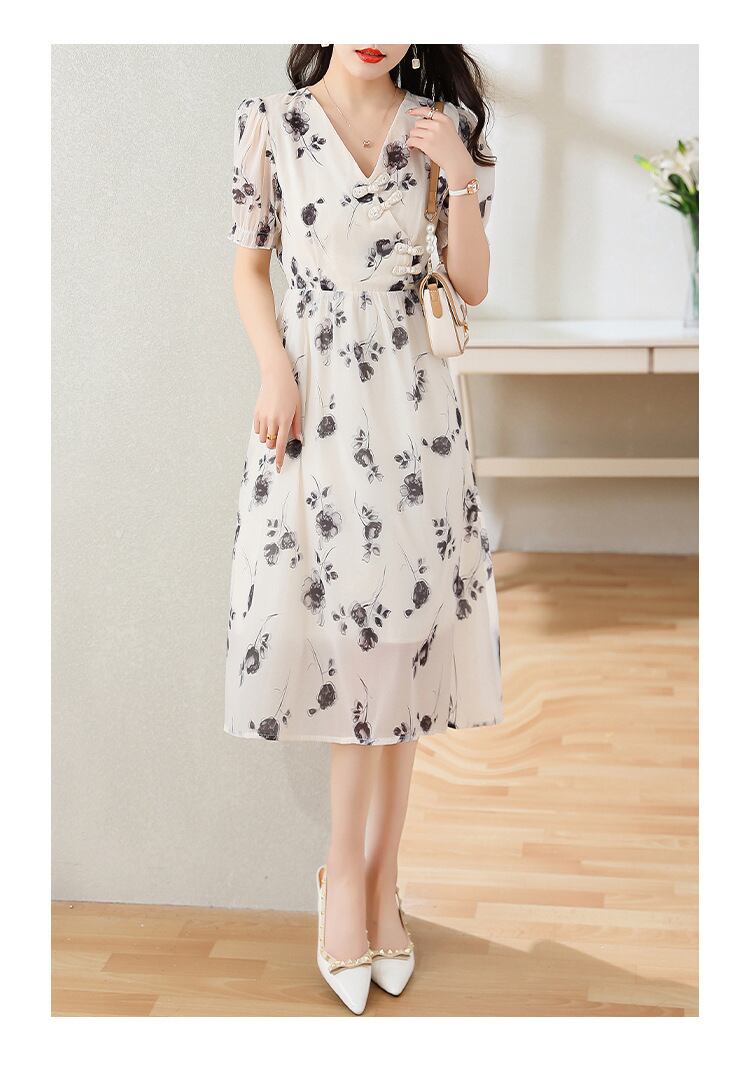 今季マストバイ シフォン ファッション 花柄 半袖ワンピース<F-8452>