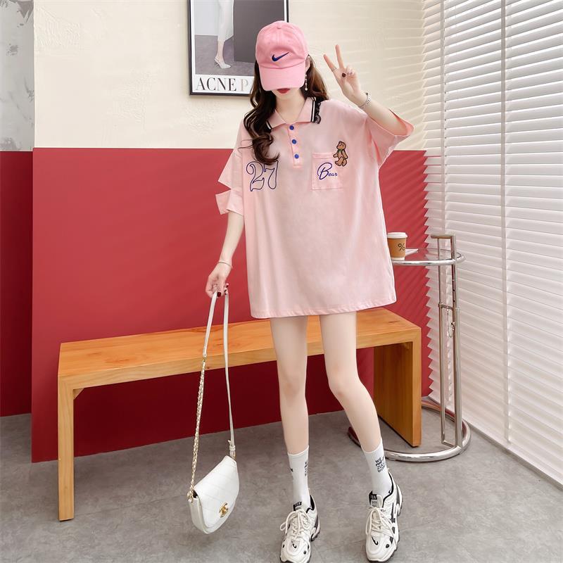 POLOネック   ベアー ロング Tシャツ 三色 ゆったりワンピース＜F-3991＞