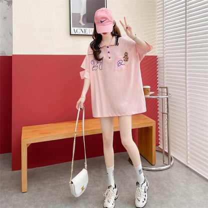 POLOネック   ベアー ロング Tシャツ 三色 ゆったりワンピース＜F-3991＞