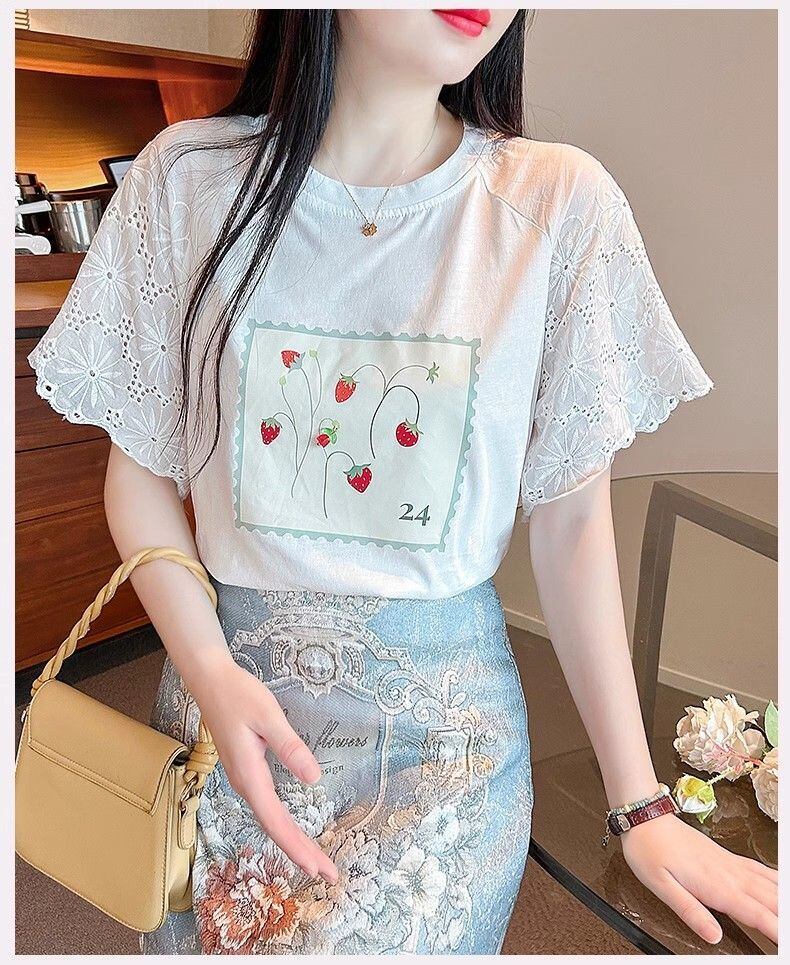 大好評 レース 上質 刺繍 切り替え 全2色 半袖Tシャツ＜F-8869＞