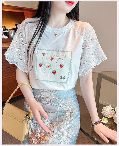 大好評 レース 上質 刺繍 切り替え 全2色 半袖Tシャツ＜F-8869＞