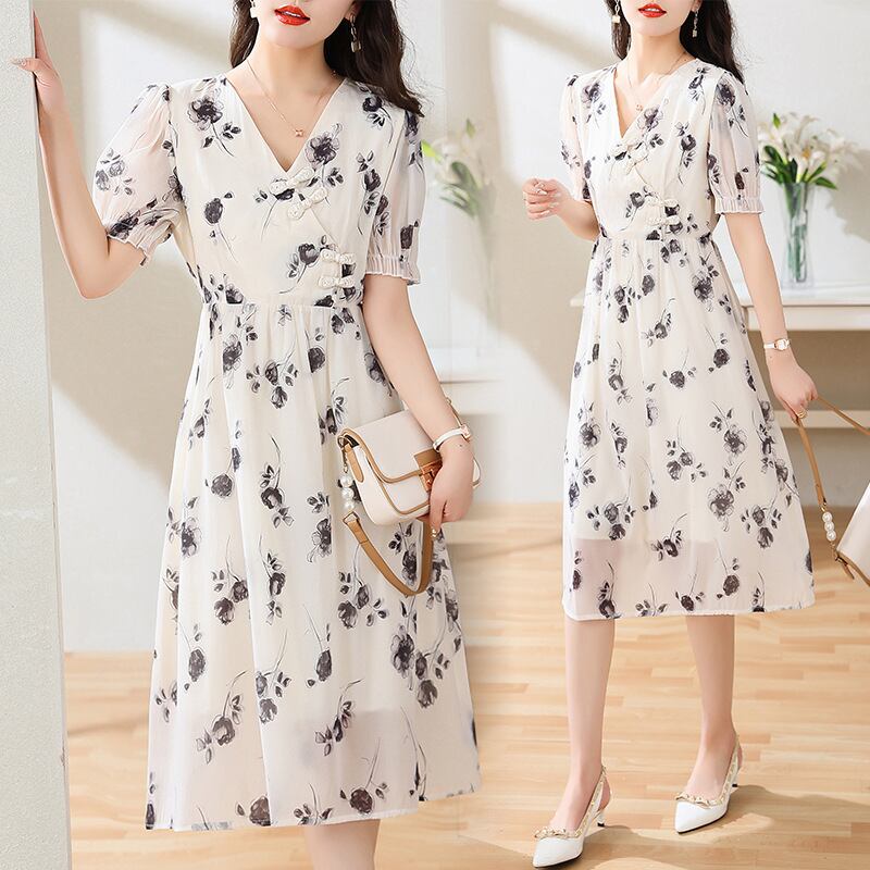 今季マストバイ シフォン ファッション 花柄 半袖ワンピース<F-8452>