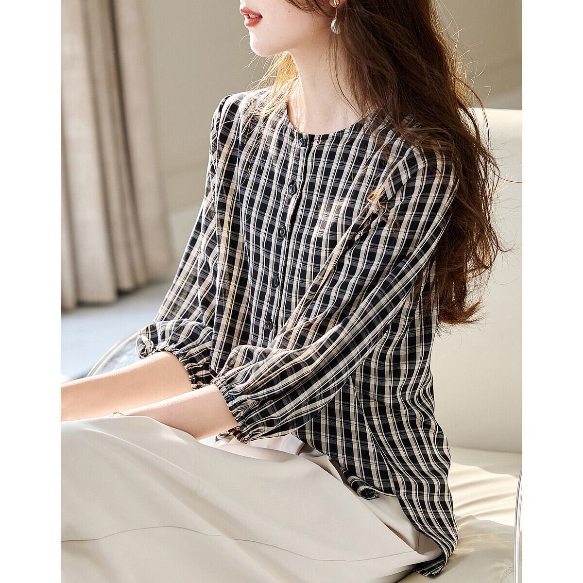定番シンプル エレガント ゆったり感アップ チェック柄 Tシャツ カットソー＜F-8368＞