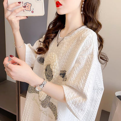 高級立体ハンドビーズコットン半袖Tシャツ<F-2998>