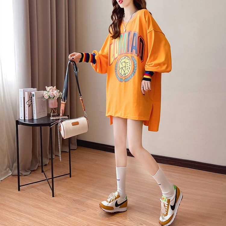 着?せ グラフィックプリント 虹色 ロング長袖Tシャツ 三色トップス＜F-4107＞