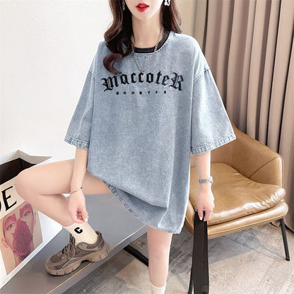 人気商品再入荷 アバンギャルド 着回し力抜群 ルーズ デニム 半袖TシャツF-8804