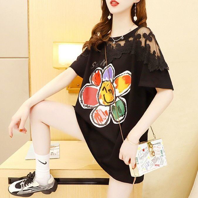 大人可愛い 切り替え レース 透かし彫り プリント全2色 半袖Tシャツ カットソー ＜F-8560＞