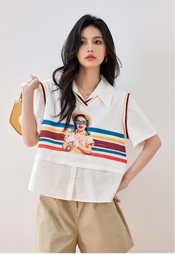 話題沸騰中 一目惚れ 個性的なデザイン レイヤード風 Tシャツ カットソー＜F-8331＞