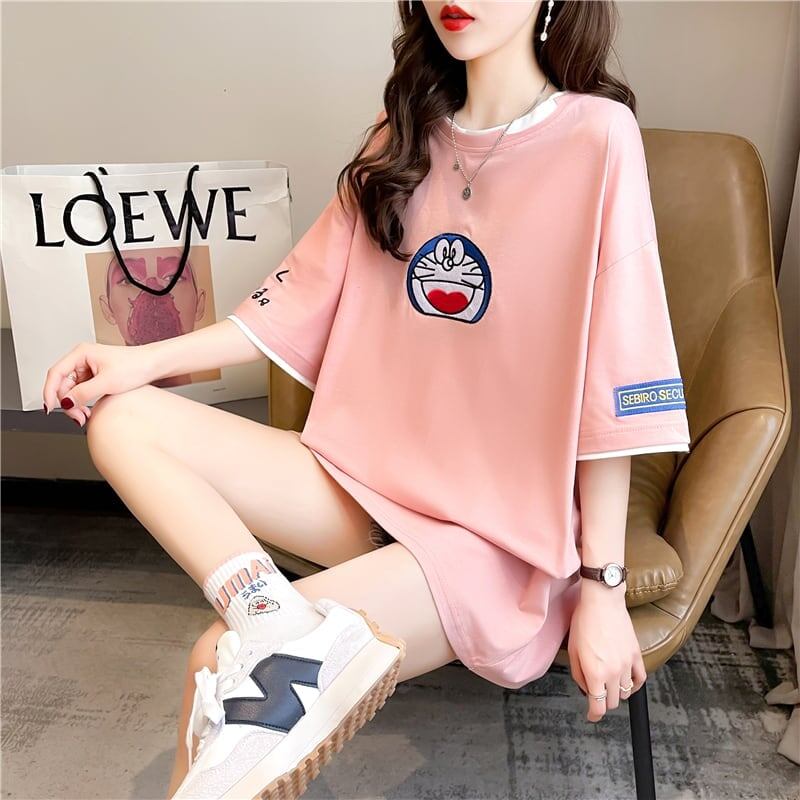 韓国系 ドロップショルダー 刺? レイヤードTシャツ ゆったり半袖 ＜F-3053＞