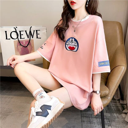 韓国系 ドロップショルダー 刺? レイヤードTシャツ ゆったり半袖 ＜F-3053＞
