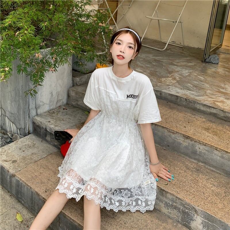 売れ筋   レース 膝丈 半袖 Tシャツワンピース ＜F-1953＞