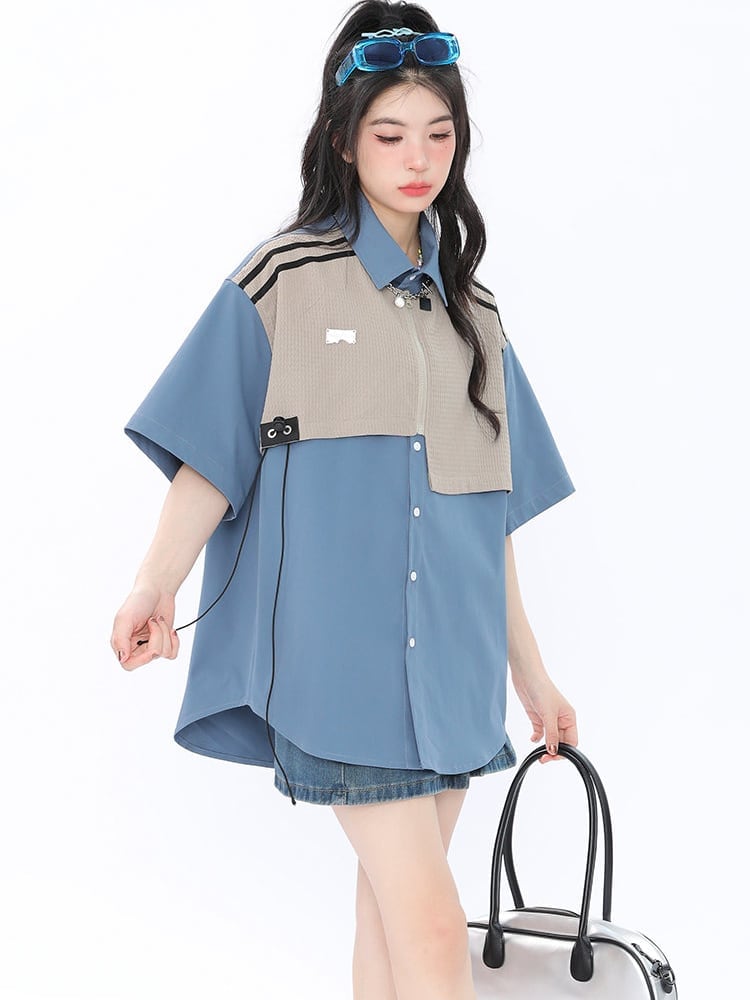 期間限定 ファッション 個性派 レイヤード風 切り替え プリント全3色 男女兼用 半袖TシャツF-9044