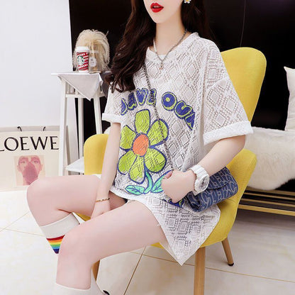 【半額！期間限定！！】新商品 切り替え 一目惚れ 透かし彫り プリント Tシャツ カットソー＜F-8523＞