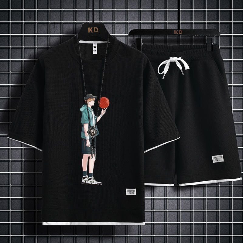 男女兼用 上質 プリント Tシャツ & ショーツ セットアップ F-7062