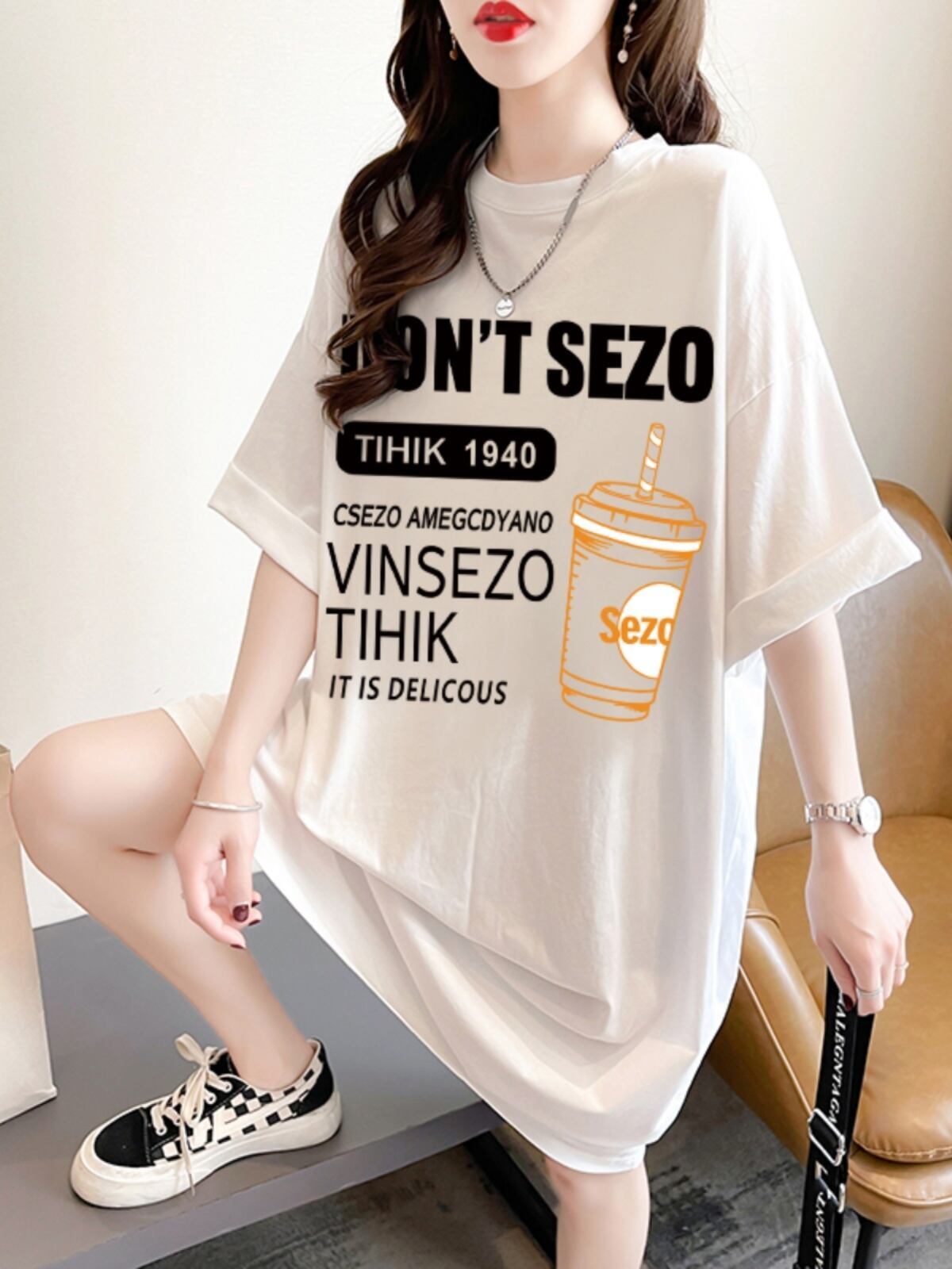 快適 ラウンドネック カジュアル 半袖 Tシャツ ワンピース＜F-8634＞