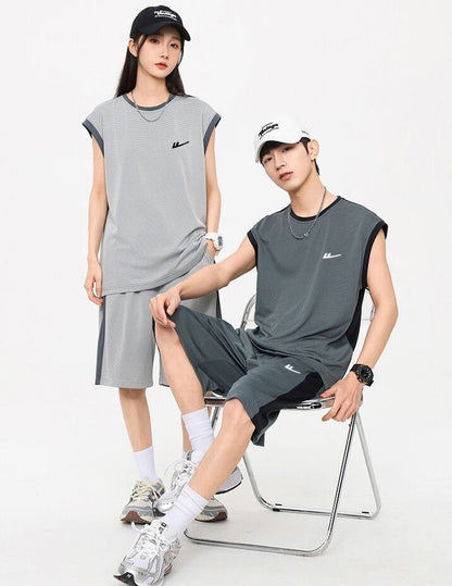 売り切れ必至 ファッション 超人気 男女兼用 ノースリーブＴシャツⅹパンツセット全5色<F-8754>