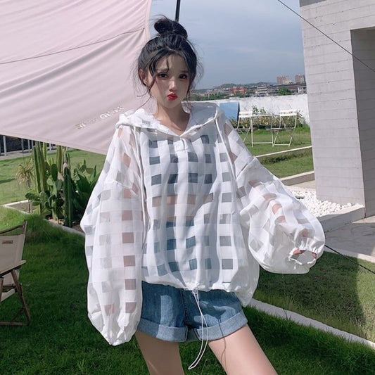 大人気 チェック柄 ゆったり 日焼け対策 UVカット 冷房対策 着?せ 長袖 フード付き シャツ ＜F-1910＞