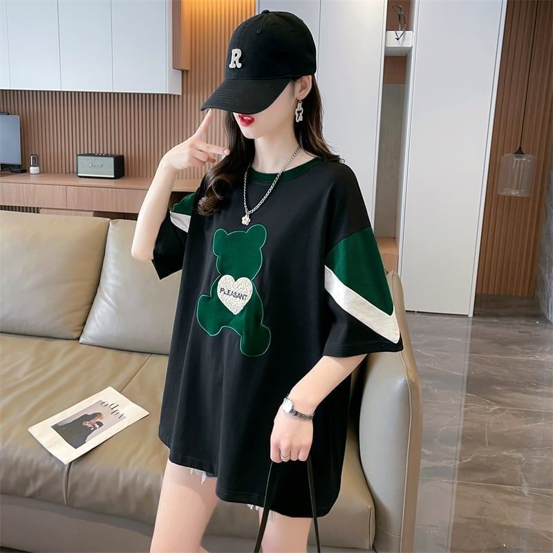 カジュアルルーズワッペン刺繍ステッチカラーブロック半袖Tシャツ<F-2870>