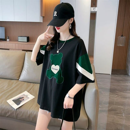カジュアルルーズワッペン刺繍ステッチカラーブロック半袖Tシャツ<F-2870>
