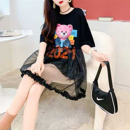 デザインセンスレースステッチフェイクツーピース半袖Tシャツワンピース<F-2964>