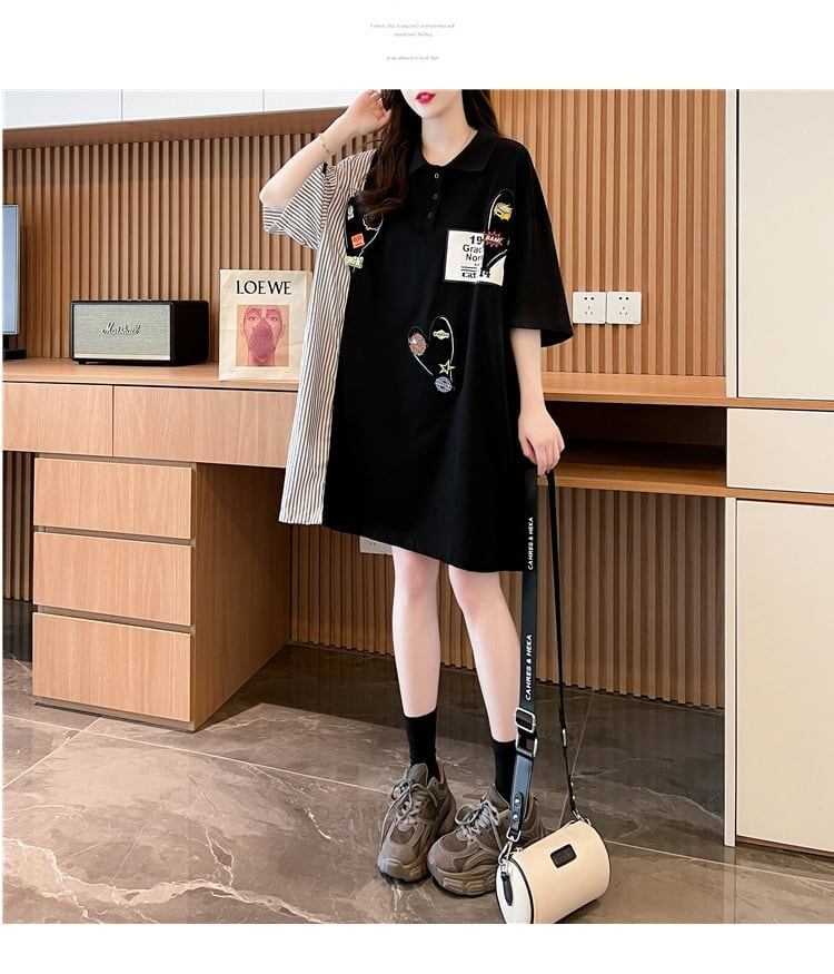 POLOネック 切り替え ストライプ柄 ロング Tシャツ ゆったりワンピース ＜F-3031＞