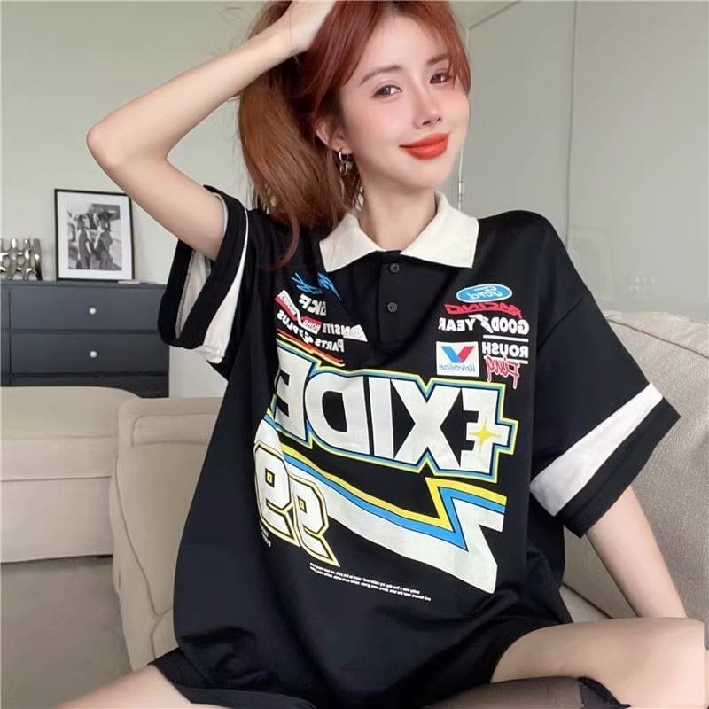 韓国系   POLOネック ロング Tシャツ 三色 ゆったりワンピース＜F-4025＞