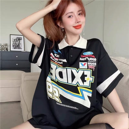韓国系   POLOネック ロング Tシャツ 三色 ゆったりワンピース＜F-4025＞