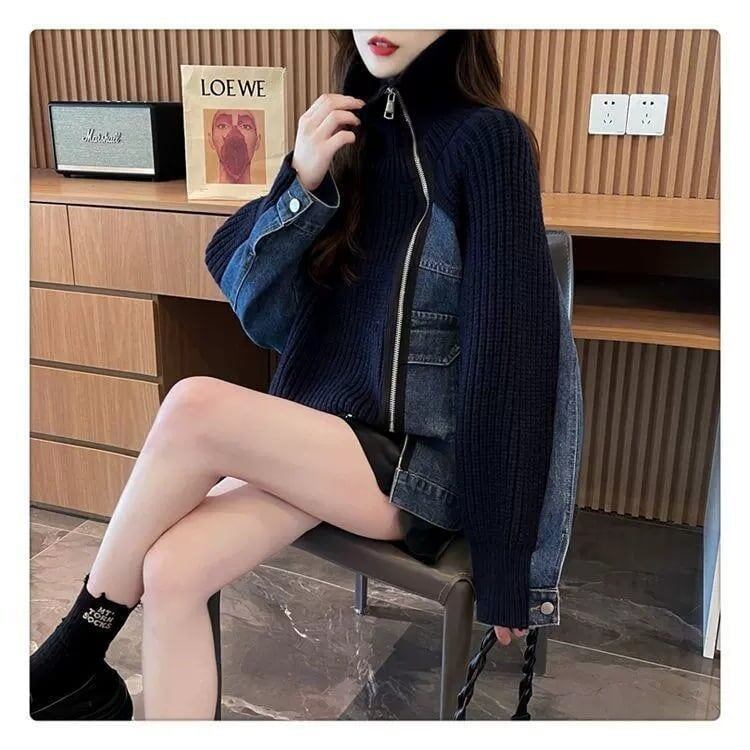 超人気商品ハイネック   切り替えニットゆったりデニムジャケット全2色コート<F-4641>