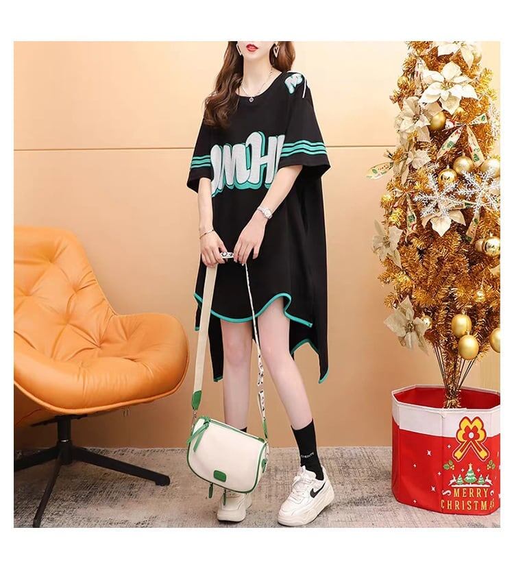 おしゃれ度アップ アルファベット フィッシュテール プリントTシャツ ゆったり半袖＜F-3012＞