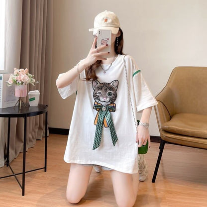 質感のいい 猫刺繍 立体のリボン ロング Tシャツ ゆったり半袖 ＜F-2919＞