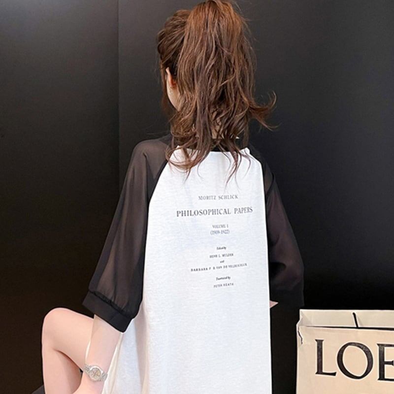 好感度満載 切り替え 美感いっぱい プリント Tシャツ カットソー＜F-3479＞