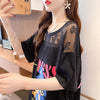 ファッションデザインレースミドル丈半袖Tシャツ<F-3017>