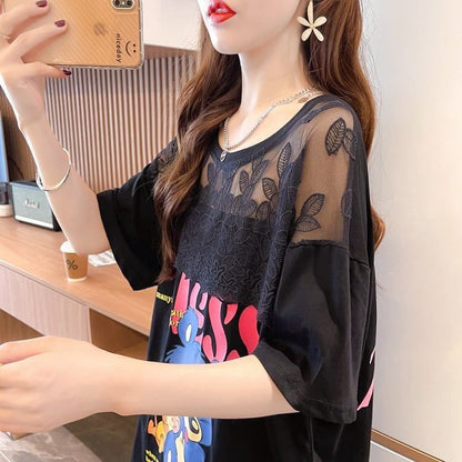 ファッションデザインレースミドル丈半袖Tシャツ<F-3017>