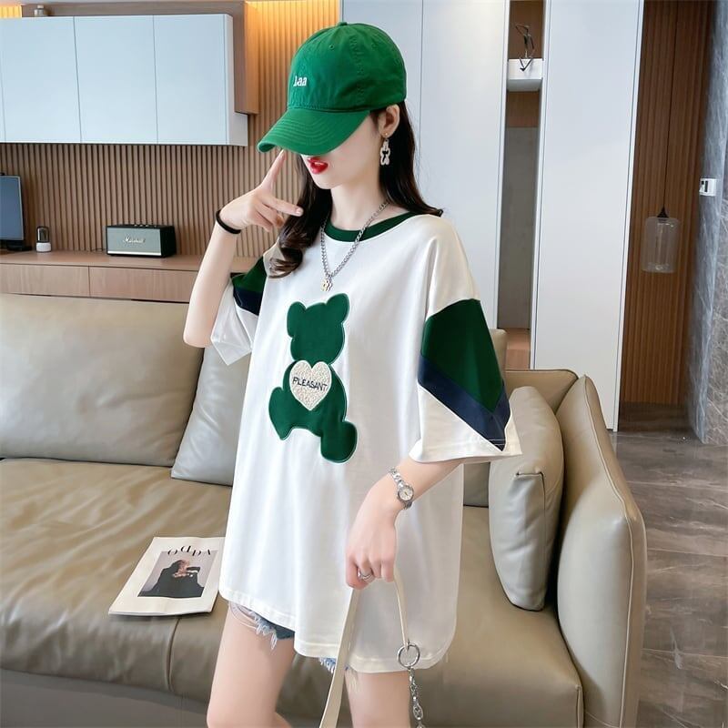 カジュアルルーズワッペン刺繍ステッチカラーブロック半袖Tシャツ<F-2870>