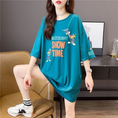 着?せ プリント アルファベット ロングTシャツ 四色 ゆったりワンピース ＜F-4018＞