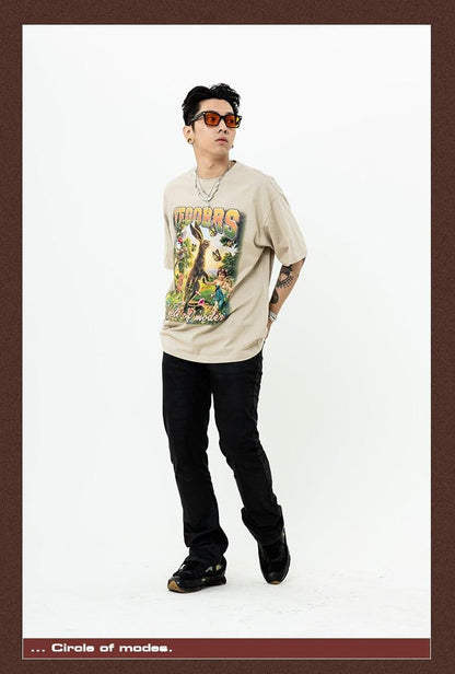 アメリカンレトロ絵画ウサギ半袖Tシャツカップル男女同スタイル<F-2910>