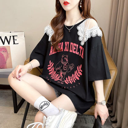 数量限定 ラウンドネック アバンギャルド レース 切り替え プリント全2色 半袖Tシャツ<F-8724>