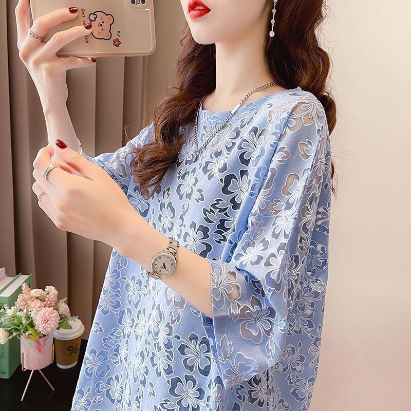 好感度UP ファッション カジュアル 透かし彫り 半袖Tシャツ<F-8458>