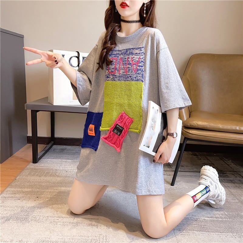 【半額！期間限定！！】ゆったりロング丈切り替え三色半袖Tシャツ＜F-1565＞