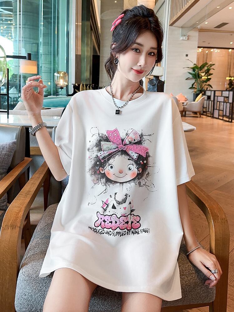 好感度UP ピンク カジュアル プリント スパンコール プリント ゆったり 半袖 Tシャツ＜F-8705＞