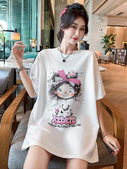 好感度UP ピンク カジュアル プリント スパンコール プリント ゆったり 半袖 Tシャツ＜F-8705＞
