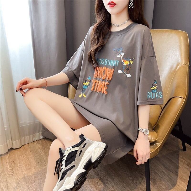 着?せ プリント アルファベット ロングTシャツ 四色 ゆったりワンピース ＜F-4018＞