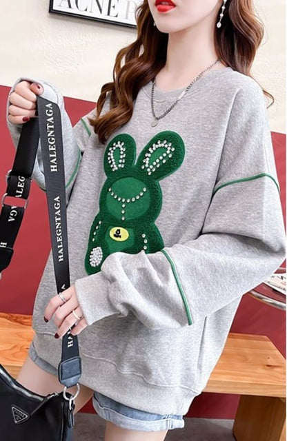 【秋の初めの割引！！】韓国風ルーズ漫画刺繍ホットダイヤモンドミドル丈トップス<F-5024>