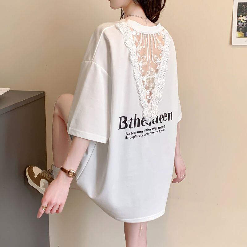 話題沸騰中 レース アバンギャルド 切り替え ホットダイヤモンド 3色選択 半袖Tシャツ＜F-8547＞