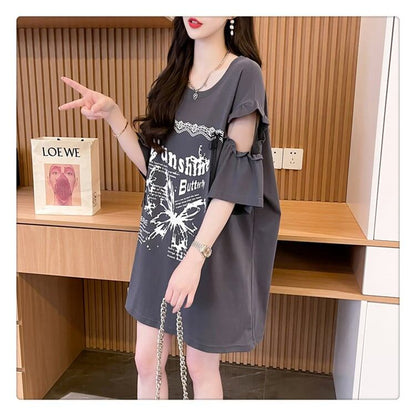 話題沸騰中 切り替え スウィートプリント 全2色 半袖Tシャツ ＜F-8652＞