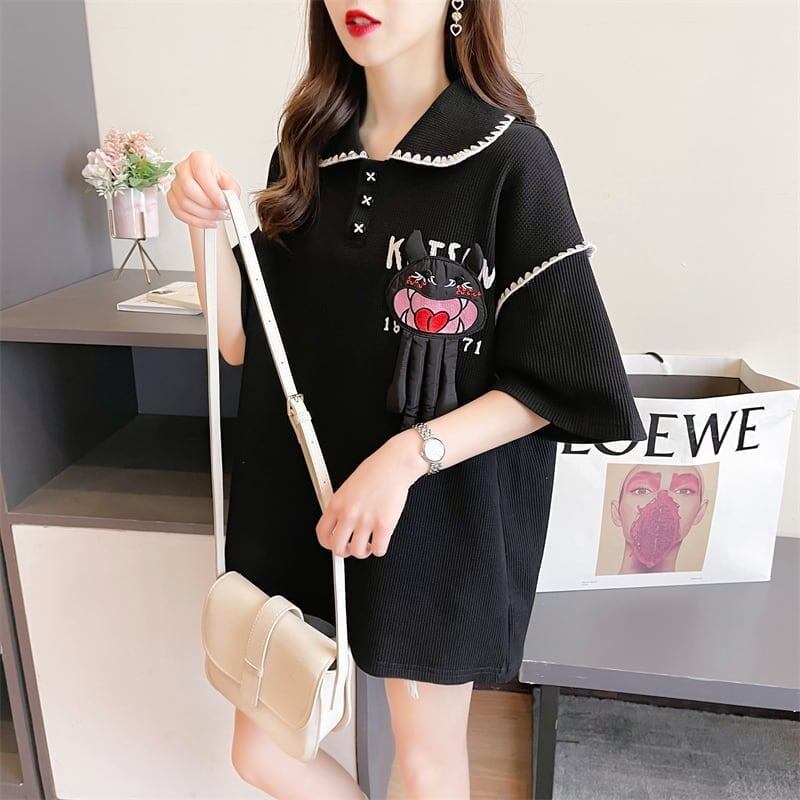 美人度アップ   ワッフル ロング Tシャツ ゆったり半袖 ＜F-2930＞