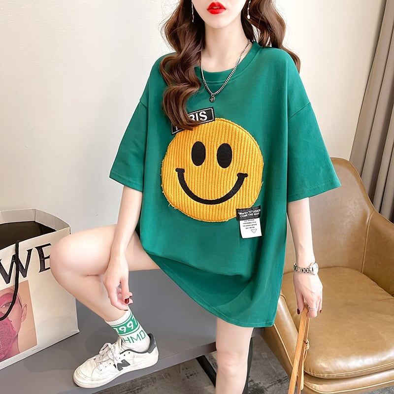 質感のいい ニコちゃん刺繍 スマイル ロング Tシャツ ゆったり半袖 ＜F-2947＞