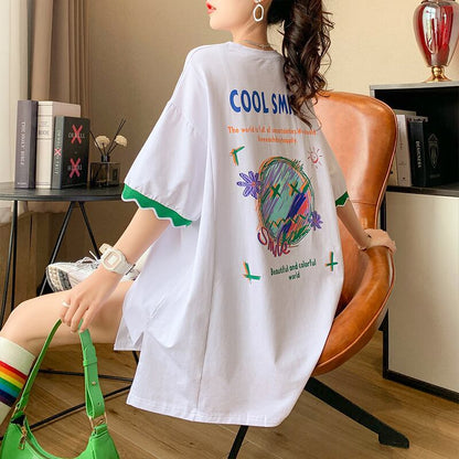 【半額！期間限定！！】デザインセンスニッチなミドル丈半袖Tシャツ新スタイル<F-3007>