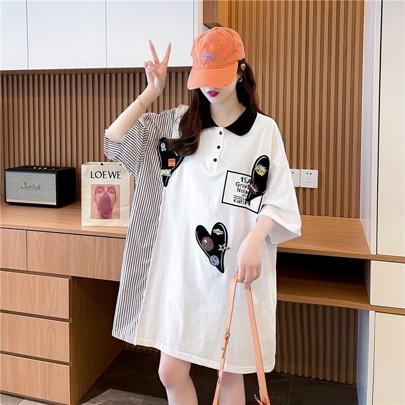POLOネック 切り替え ストライプ柄 ロング Tシャツ ゆったりワンピース ＜F-3031＞